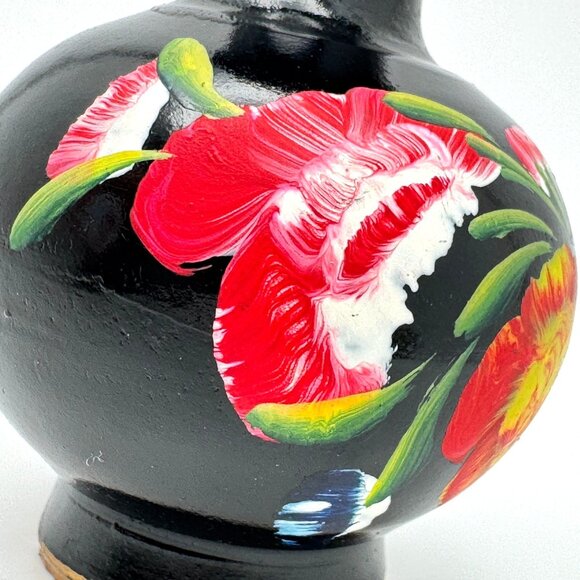 Ceramic Vase With Red & Yellow Floral Design Vintage Hand-Painted Black - Picture 6 of 12